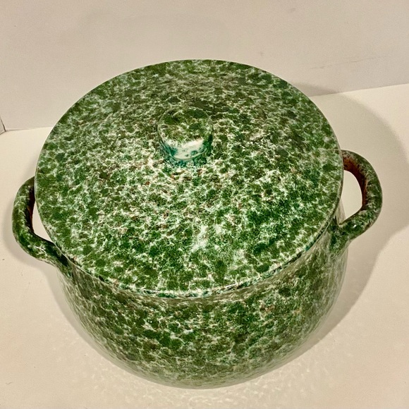 Indoor Outfitters Over And Back Teal Spongeware Bean Crock Lidded Made In Italy - Picture 5 of 9